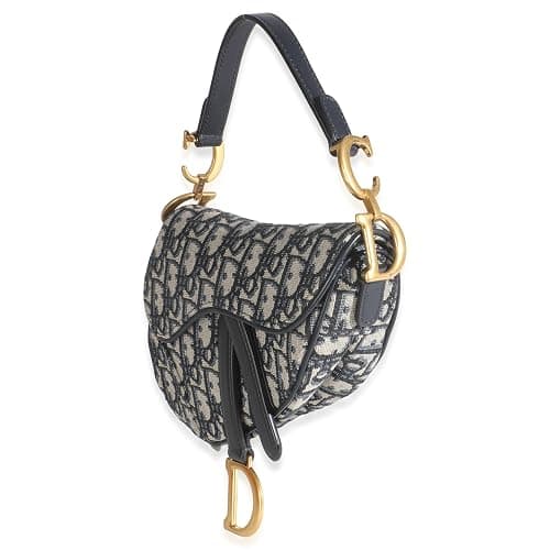 Dior, Pre-Loved Blue Oblique Canvas Mini Saddle Bag, Beige, Blue thumbnail 3