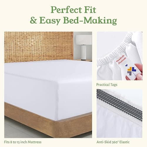 California Design Den 100% Organic Cotton Fitted Sheet Queen Size Only - Percale Queen Deep Pocket Fitted Sheet, Lightweight, Snug-Fit, Crisp, Durable - White thumbnail 4