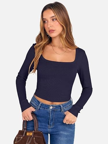 ANRABESS Women's Long Sleeve Square Neck Crop Top Ribbed Slim Fitted Basic Tee Layer Y2K Shirts Fall Fashion Outfits 2025 thumbnail 6