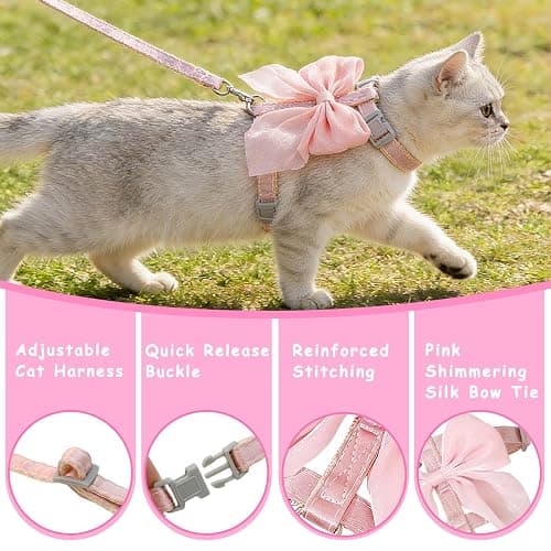 Tensho Pink Bow Cat Harness and Leash Set Escape Proof, Adjustable Kitten Harness with Leash, Bow Tie Cat Harness for Walking Outdoor - Soft Lightweight Harness for Small Dogs Cats Rabbits (S) thumbnail 5