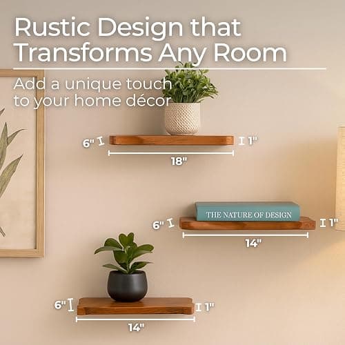 Set of 3 Solid Mango Wood Decorative Wall Shelves – Home Decor Floating Display Shelf with Iron Bracket – Modern Wall Shelves for Office, Bedroom & Living Room – 10", 14" & 18" thumbnail 2
