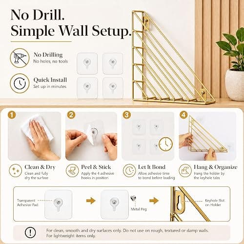Home Office Magazine Rack, 2 Pack Wall File Organizer with 4 No-Drill Adhesive Hooks, Gold Metal Wall Mounted Magazine Holder for Mail, Folders, Papers and Reading Materials in Entryway, Living Room thumbnail 5