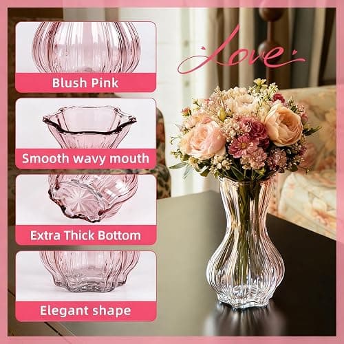 Flower Vase,Glass Vases Set of 2,Blush Clear Pink Vase 8 inch,for Home Decor,Valentains Day Decorations Indoor,Gifts,Wedding,Anniversary,Centerpieces Vase thumbnail 2