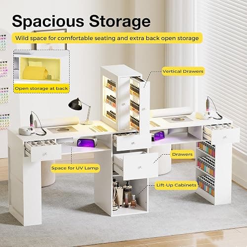 Kikihouse Double Manicure Table for Nail Tech w/LED Light Display Cabinet, Professional Nail Desk with Dust Collector, Drawers, Wrist Rest, Acetone-Resistant, for Beauty Salon, Spa & Home Workstation thumbnail 7