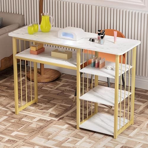 Zucebos Nail Desk with 3-Tier Shelves, Modern Manicure Table with Marble Top and Gold Frame, Nail Tech Desk for Beauty Salon Spa White thumbnail 8