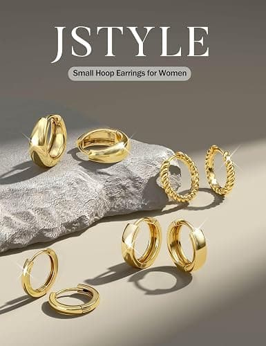 Jstyle Small Gold Hoop Earrings for Women Trendy 14K Gold Plated Huggie Earring Stacks Silver Hypoallergenic Huggie Earrings Set Dainty Chunky Cartilage Earring Sets for Multiple Piercing Jewelry Gift thumbnail 7