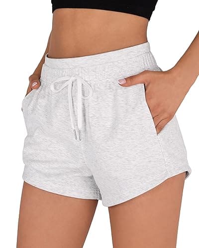 ODODOS Women's Sweat Shorts with Pockets Cotton French Terry Drawstring Summer Workout Casual Lounge Shorts - Medium - White Heather