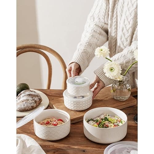 MIKIGEY Mixing Bowls with Lids Set of 4, Ceramic Nesting Bowls, Embossed Mixing Bowl Set for Food Storage, Prep Bowl, Gift, Microwave and Dishwasher Safe, 10/18/33/50 OZ, Off-White thumbnail 7