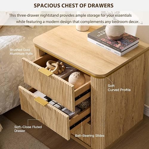 T4TREAM 24" Large Mid Century Modern Fluted Nightstand Set of 2 with 3 Drawers, End Table, Bedside Table for Bedroom, Living Room, Natural Oak thumbnail 4