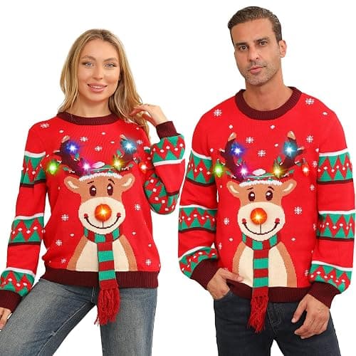 Ugly Christmas Sweater Women Men,Light Up Christmas Sweater for Couples,Funny Cute Reindeer LED Xmas Tacky Sweaters - Image 1