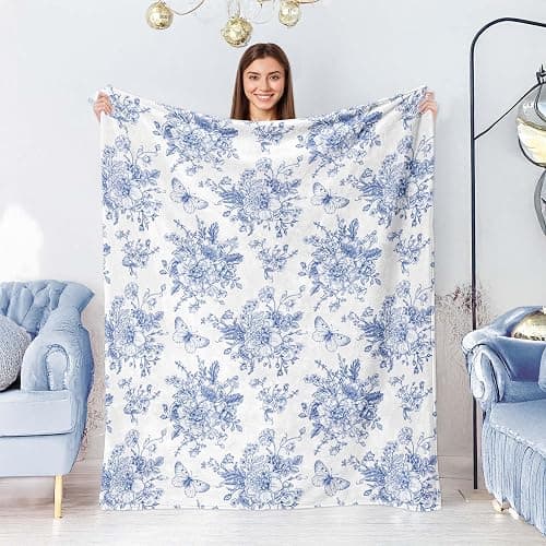 Blue and White Floral Throw Blanket, Fuzzy Soft Cozy Flannel Blanket for Home Bed Sofa Couch Chair, Decorative 50 x 60 Inch Blanket thumbnail 2