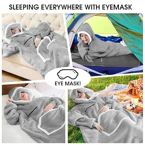 IFNOW Wearable Blanket Hoodie,Oversized Sherpa Hooded Blanket Sweatshirt with Eye Mask and Pocket,Cozy Flannel Blanket with Sleeves for Adult,Birthday Christmas Gifts for Women Mom Girlfriend,Grey thumbnail 8