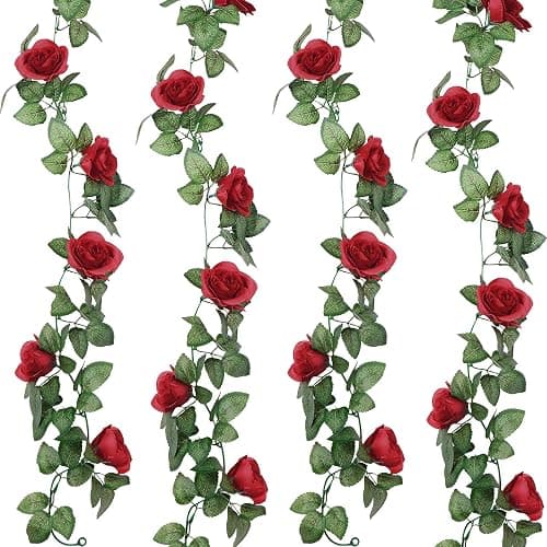 WALL | Amazon | Syhood Artificial Rose Garlands Rose Vines Leaves Banners Hanging Fake Floral Garland Flower Vine for Wedding Arch Ceremony Home Garden Outdoor Party Wall Decorations, 14.4 ft(Wine Red,2 Pieces) - Wine Red - 2 - Image 1