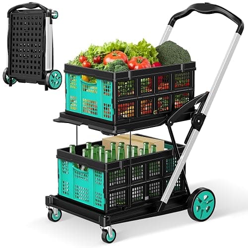Collapsible Shopping Cart, 8-in-1 200LBS Multi Functional Utility Cart with 2 Storage Crate, Adjustable Handle Grocery Cart on Wheels for Shopping/Warehouse/Office/Supermarket - Blue thumbnail 7