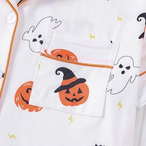 Halloween Pajama Sets for Women 2 Piece Ghost Pumpkin Print Shirts and Pajamas Shorts Button Down Short Sleeve Sleepwear thumbnail 7