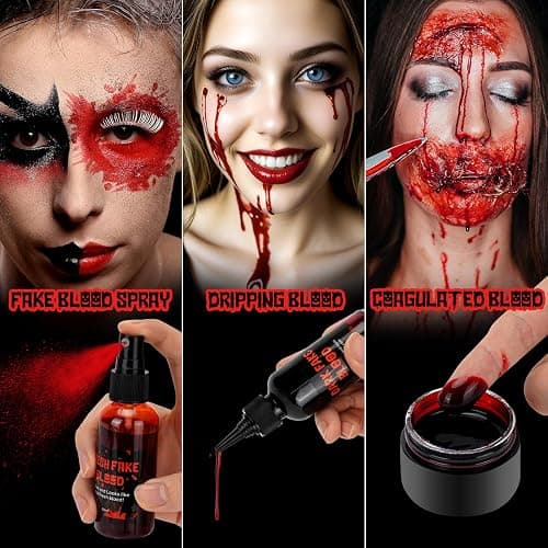 3PCS Halloween Fake Blood Kit Cosplay Makeup & Dress Up Accessories | 2.03oz Fake Blood Spray+2.03oz Dripping Blood+1.06oz Coagulated Gel Blood, Realistic Washable Fake Blood for Zombie Vampire thumbnail 3