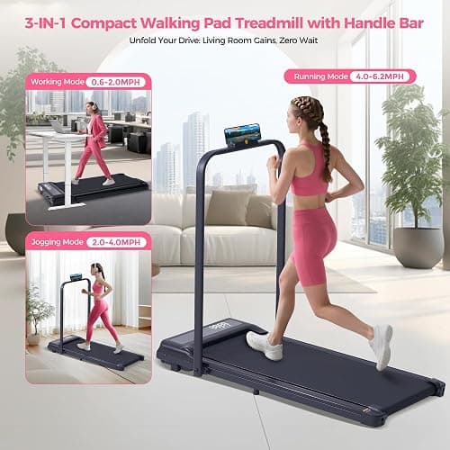 Treadmill with Handles for Home Small, 3.0HP Electric Compact Walking Pad Treadmills with Handle Bar, 0.6-6.2MPH Portable Under Desk Treadmill Home for Small Space, 320LBS thumbnail 2