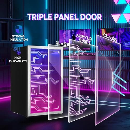 Manastin Gaming Light Up Beverage Refrigertor, Led Lighting Door 120 Cans Freestanding Beverage Fridge, Cyberpunk Beverage Cooler for Gaming, Gaming Room, Bar, Party (Lighting) thumbnail 4