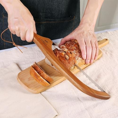 Uibkor Wooden Bread Bow Knife, 16" Serrated Sourdough Cutter, Premium Stainless Steel Serrated Saw Bread Cutter, Bagel Slicer Knife for Homemade Bread, Bagels, Baguettes and More, Sourdough knife thumbnail 2