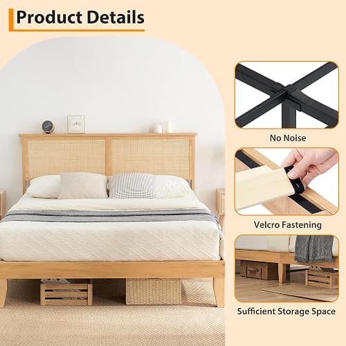 Garvee Bohemian Full Rattan Bed LED Natural Headboard Bedroom | Bohemian full rattan bed with natural headboard, LED lights, solid wood frame. No box spring needed for bedroom use. thumbnail 6