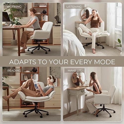 Dowinx Criss Cross Chair with Five-Level Adjustable Arms and Wheels - Comfortable Ergonomic PU Leather Swivel Vanity Chair - Computer Makeup Gaming Chair for Home Office, Bedroom, Vanity Room (Beide) thumbnail 8