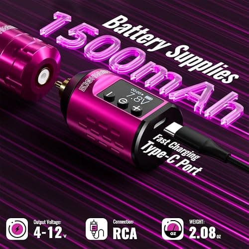 Wormhole Tattoo 79PCS Wireless Tattoo Practice Gun Kit - Battery Pack 1,500mAh Capacity, 20PCS Tattoo Needles, LED Digital Display - Professional Equipment for Beginners and Tattooist - Pink thumbnail 4