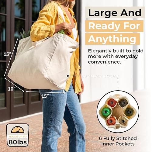 VeraMia Canvas Grocery Bag 3pc XL Set with Real Pockets, Long Shoulder Strap and Short Handle. Heavy Duty, Foldable, Washable thumbnail 4
