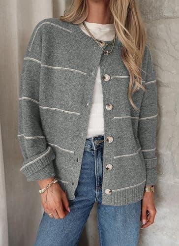 Balimtoy Striped Cardigan Sweaters for Women Trendy Long Sleeve Crewneck Button Up Sweater Fall Winter Outerwear thumbnail 2