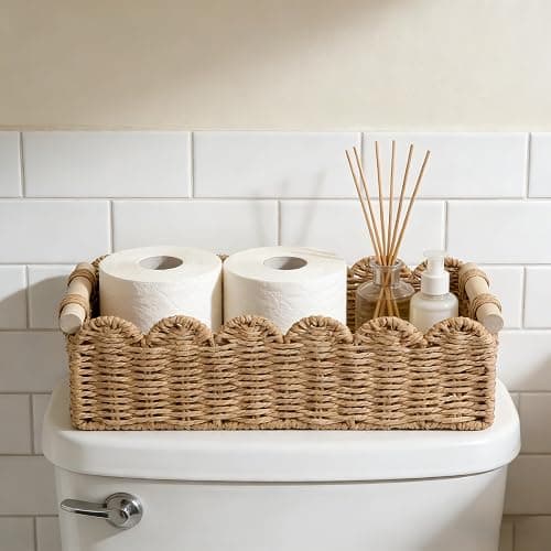 Scalloped Edge Bathroom Counter Organizer Basket with Wooden Handles, Khaki Paper Rope Toilet Tank Top Basket, Toilet Paper Storage Basket for Vanity, Shelves – 14" x 6.3" x 3.9" thumbnail 2