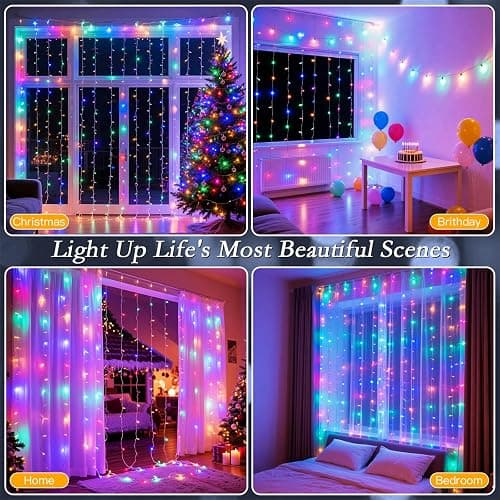 Soagrc 300 LED Rainbow Curtain String Lights 9.8 * 9.8FT Plug in Fairy with Timer and 8 Modes, Waterproof Window Wall Lights for Bedroom Wedding Party Indoor Outdoor Christmas Decor thumbnail 9