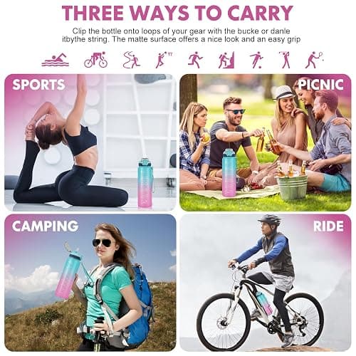 SEASEVEN 1L Water Bottle with Straw,Plastic Drinks Bottle,1 Litre Sports Water Bottles with Time Markings,Girls Boys Waterbottle Leak-Proof & Bpa-Free for Gym,Cycling, Office (Cyan-Pink) thumbnail 7