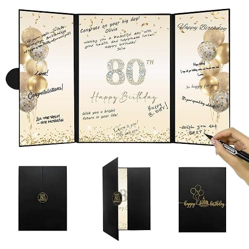 DARUNAXY Black Gold Happy 80th Birthday Alternative Signature Guest Book | 80th Birthday Party Decorations for Men Women Cheers to 80 Years Old Gifts 80 Birthday Signing Card Board Party Supplies - Image 1