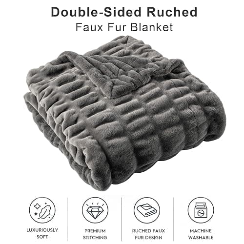 BATTILO HOME Luxury Faux Fur Blanket for Couch, Double Side Ruched Rabbit Fur Blanket Supper Soft Throw Blankets for Bed, Cozy Blanket, 50“x60 thumbnail 4