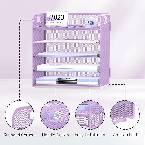 Supeasy 5 Trays Paper Organizer Letter Tray with Handle-Mesh Desk File Holders, Paper Sorter Desk Organizer for Office, Home, Classeoom or School, Purple thumbnail 4