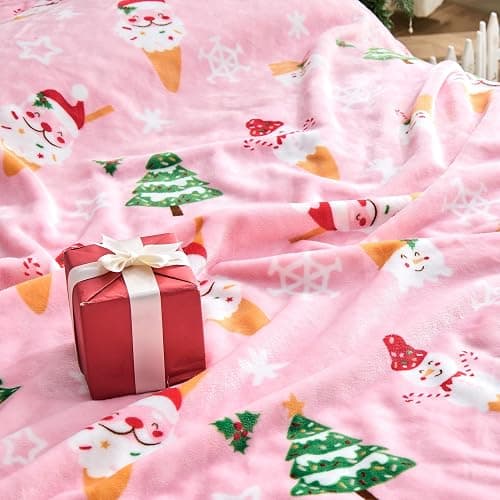 Edenleaf Christmas Blanket Soft Cozy Pink Throws with Snowman Snowflake Santa Claus and Xmas Trees Print, Fuzzy Warm Christmas Throw Blanket for Couch Bed Holiday Decorations Gifts 50"x60" (Pink) thumbnail 5