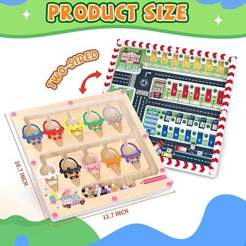 wakeInsa 2 in 1 Magnetic Color and Number Maze,Montessori Toy for 3-6 Years Old,Wooden Magnet Balls Puzzles,Toddler Busy Board Game,Preschool Learning Activities,Christmas & Birthday Gift for Kids - Magnet Toys - Ice Cream + Parking Lot thumbnail 3
