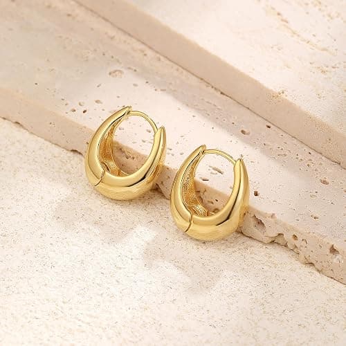 STAYLOVE Small Chunky Gold Hoops Teardrop Huggie Earrings 925 Sterling Silver Post 14k Gold Plated Oval Thick Hoop Earrings for Women thumbnail 6