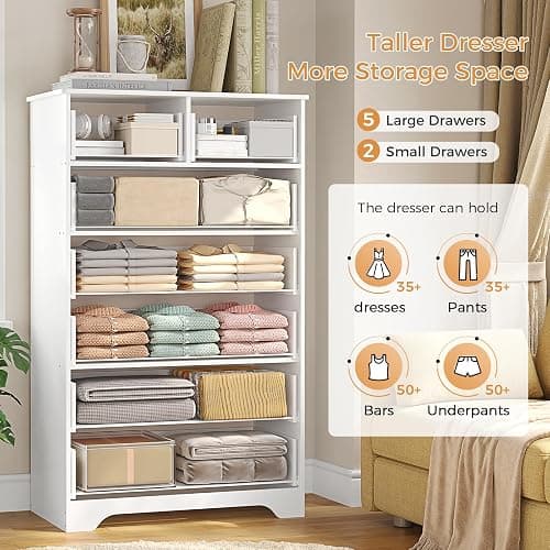 Hasuit Tall Dresser for Bedroom, White Large Chest of Drawers, 55.6'' High Dressers with 7 Drawers, Modern Wooden Vertical Storage Clothes Closet Organizer thumbnail 3
