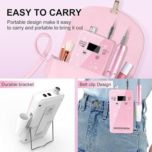 Professional Electric Nail Drill File:COSYGLOW Glitter Portable Cordless E-File Nail Drill Kit with 11 Drill Bits,30000 RPM Rechargeable Nail Drills Machine for Acrylic Nails Gel Polishing (Pink) thumbnail 5
