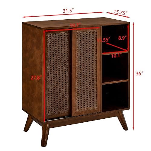 LKTART Mid Century Modern Storage Cabinet with Rattan Sliding Doors and Open Shelves, Boho Style Wooden Sideboard Buffet for Living Room,Dark Walnut thumbnail 3