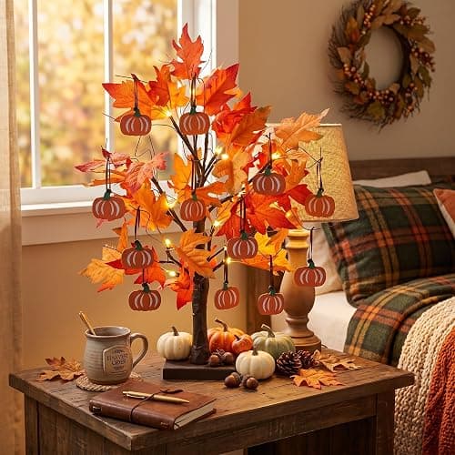 hogardeck Fall Decorations for Home, Thanksgiving Decorations, 24”2FT Lighted Maple Leaves Tree with 24 LEDs & 12 Wood Pumpkin Ornaments, Battery Powered Timer Artificial Trees for Autumn Table Decor thumbnail 6