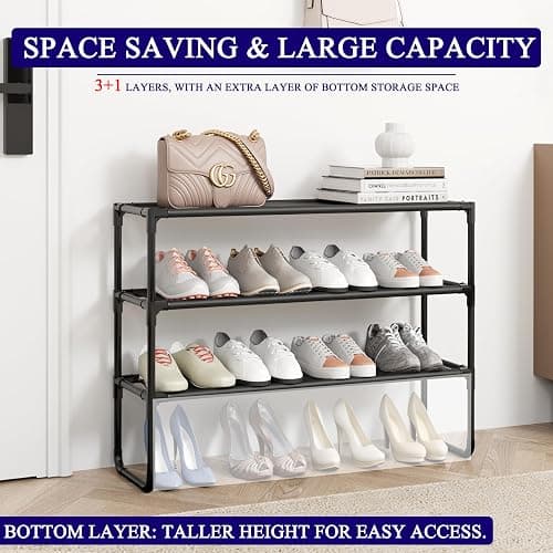 COAPUKT Long Shoe Rack, 3-Tier Stackable Shoe Organizer for Closet, Entryway, Hallway, Extra Bottom Layer, Holds 16-20 Pairs, Sturdy & Durable Waterproof Fabric Shelf, Space-Saving,Black(35.8" Wide) thumbnail 4