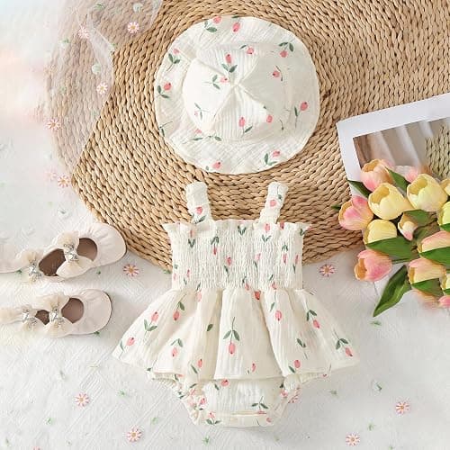 Mubineo Baby Girl Clothes Summer Dress Cotton Linen Romper Sleeveless Smocked Rompers Sun Dress Hat Skirt Boho Outfits thumbnail 3