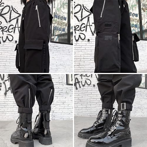 MEINVQIAOTI Black Cargo Pants Women Loose Chained Multi-Pocket Multi-Zip Punk Goth Pants thumbnail 6