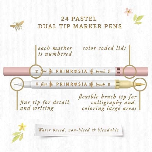 Primrosia 24 Pastel Dual Tip Markers, Fine Tip and Brush Pens. Perfect for art, illustration, drawing, calligraphy and bullet journals thumbnail 4