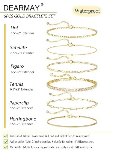 DEARMAY Waterproof Gold Bracelets Set for Women Trendy, Dainty 14K Real Gold Plated Jewelry Fashion Stackable Tennis Beaded Figaro Herringbone Paperclip Link Bracelet Pack Stack Gifts for Women - 6Pcs Gold Bracelets C thumbnail 5