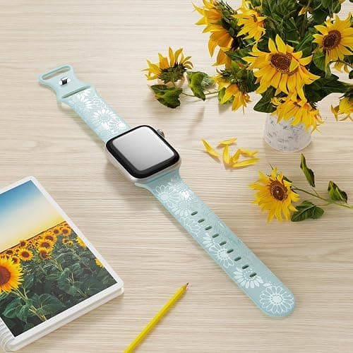 Sunflower Engraved Band Compatible with Apple Watch Bands 38mm 40mm 41mm 42mm 44mm 45mm 49mm Women, Designer Soft Glossy Floral Silicone Strap for iWatch Series Ultra 11 10 9 8 7 6 SE 5 4 3 2 1 thumbnail 5