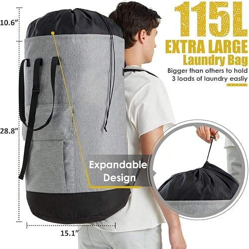 Laundry Bag for College, 115L Heavy Duty Laundry Backpack with Shoulder Straps, Large Dirty Clothes Bag for Dorm, Apartment and Laundromat, Laundry Duffle Bag for Travel, Beach, Camping, oyster grey thumbnail 2