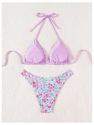 WDIRARA Women's 2 Piece Floral Striped Bikini Set Halter String Thong Swimsuit High Cut Bathing Suit thumbnail 2