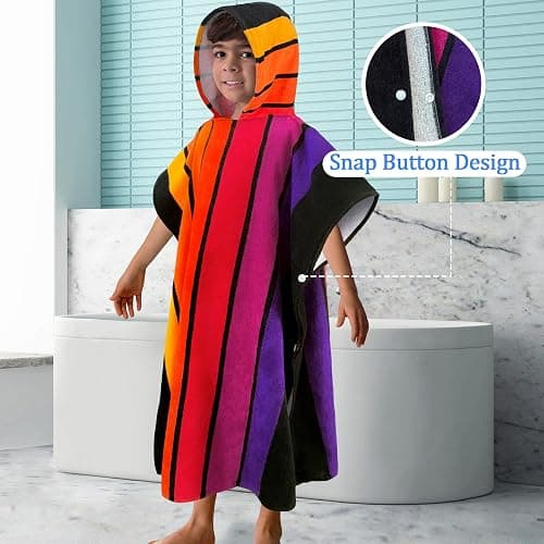 NATE: VOOVA & MOVAS Hooded Poncho Towels for Big Kids - (6-12Years), Absorbent Soft 100% Cotton Beach | Bath | Pool Swim Towel with Hood for Boys | Girls - Stripe - Kids(6-12Years) - Stripe thumbnail 4